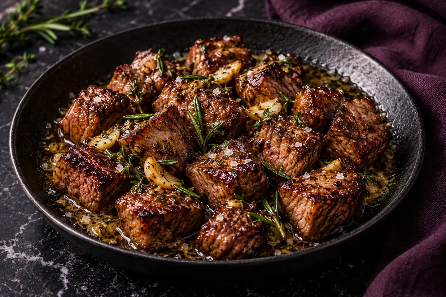 Brown-butter steak bites with garlic and herbs