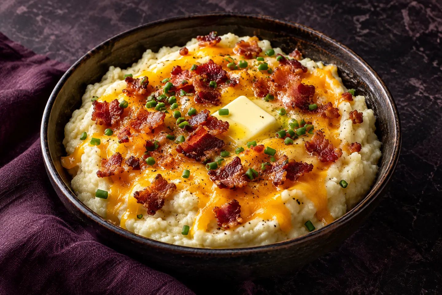 Loaded cauliflower mash with cheddar, bacon, and chives
